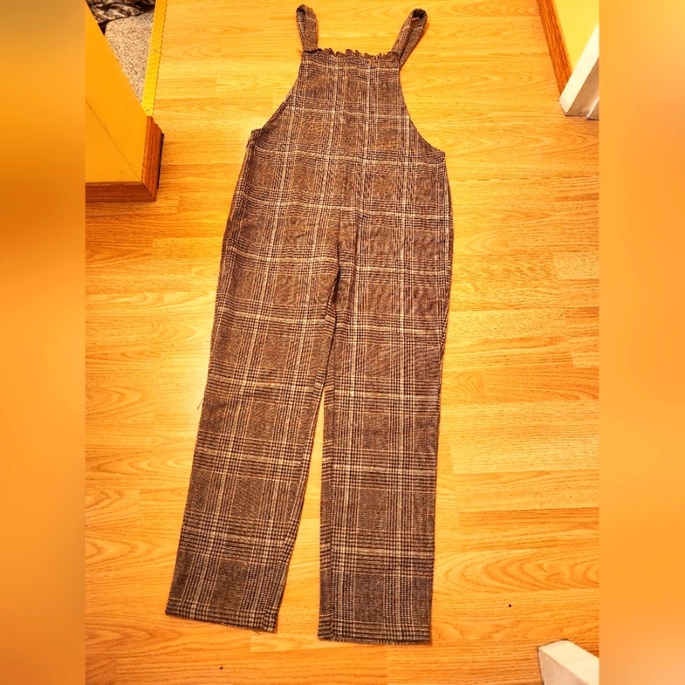Shein large brown plaid overalls